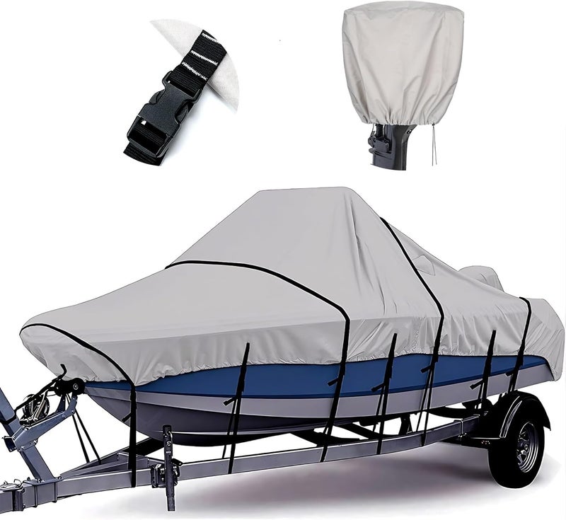 Tuszom 1200D 100% Waterproof Center Console Boat Cover with Motor Cover, Tear-Proof Trailerable Boat Cover for Center Console Boat with 13-19 Windproof Straps (Gray, 16' - 18.5''L, UP to 98" W) - Image 1
